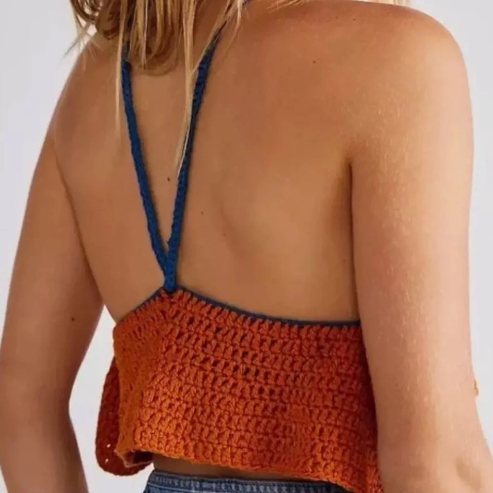 FREE PEOPLE BELLA CROCHET CROPPED CROP HALTER TANK TOP SHIRT BOHO